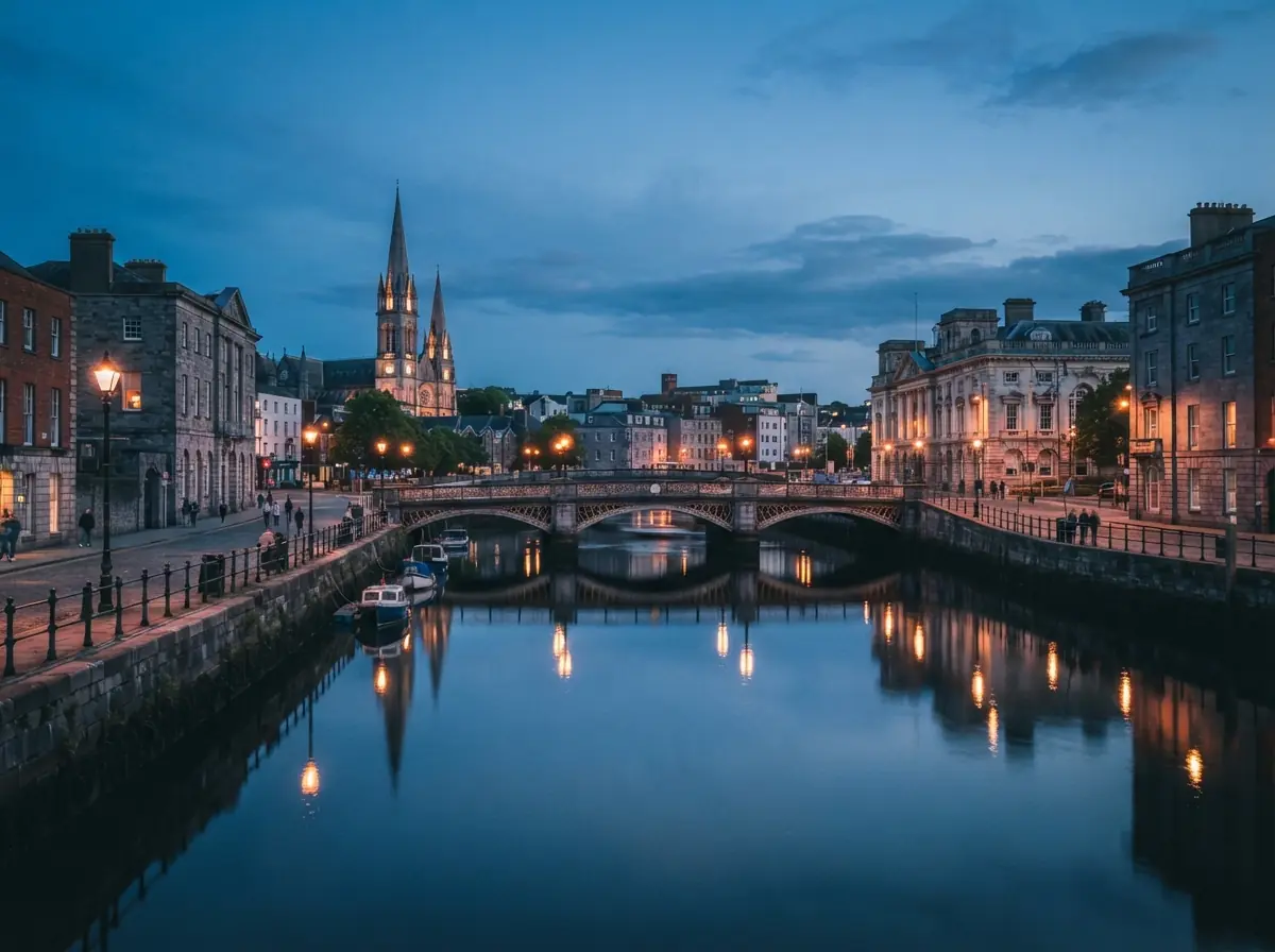A city river at dusk, with buildings and a bridge along it